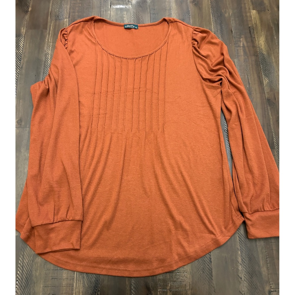 Ofeefan Long Sleeve Top XL Rust Orange Excellent Pleated Puff Shoulder Blouse